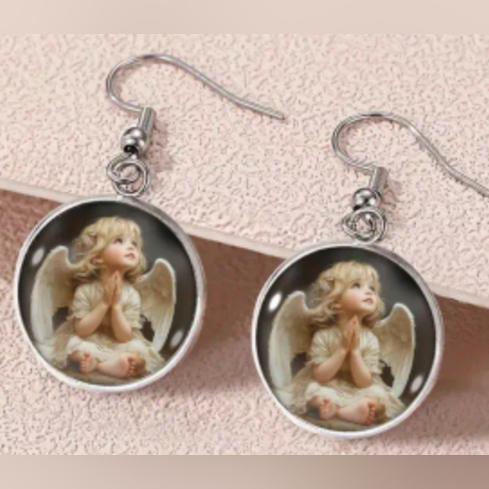 Vintage Christmas‎ Holiday Church Angels glass dangle Gift earrings-(#1,047)